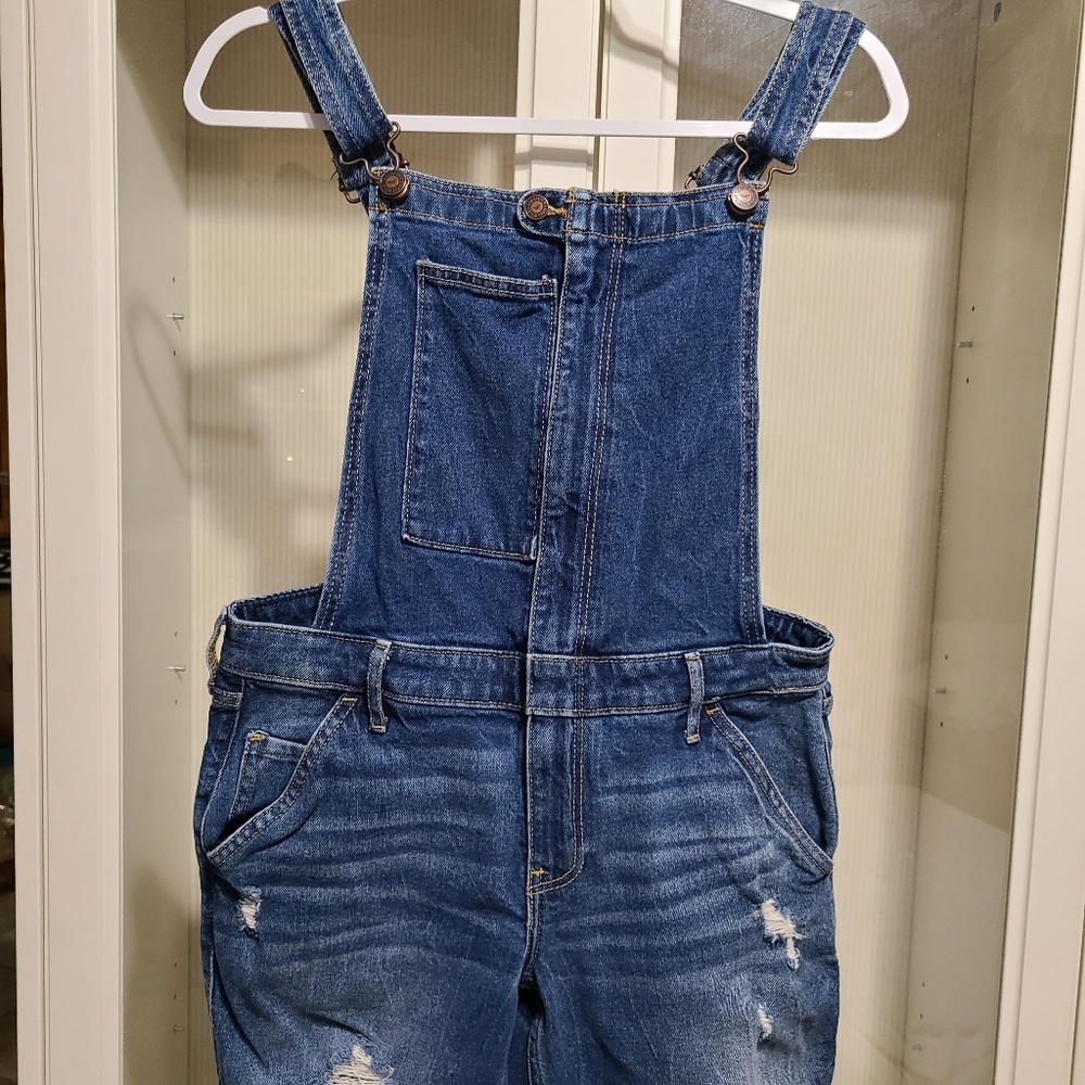 Hollister Women's Super Skinny Dark Wash Denim Crop Overalls sz M
